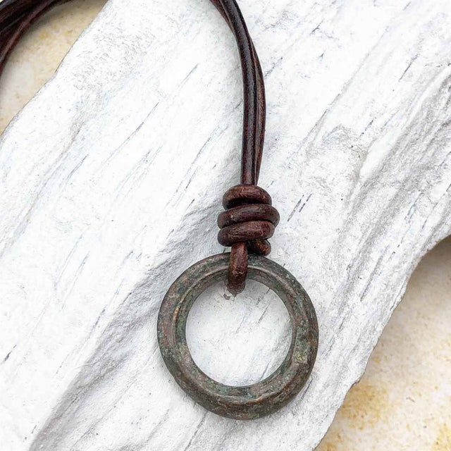 Green Glow Rare Raised Ridge Bronze Celtic Ring Money Leather Necklace