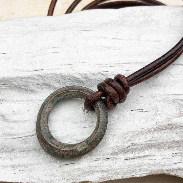 Green Glow Rare Raised Ridge Bronze Celtic Ring Money Leather Necklace