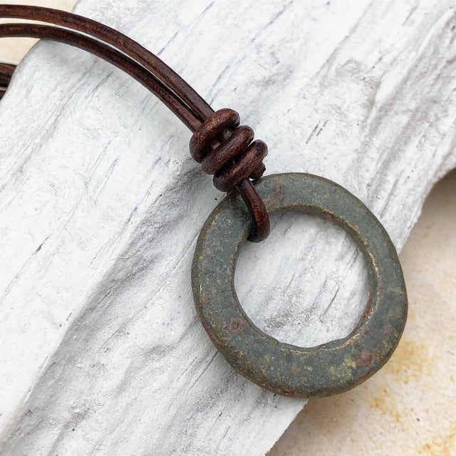 Large Flat Light to Dark Green Bronze Celtic Ring Money Leather Necklace