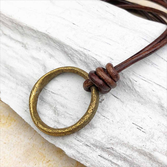 Warm Golden Bronze Celtic Ring Money Leather Necklace