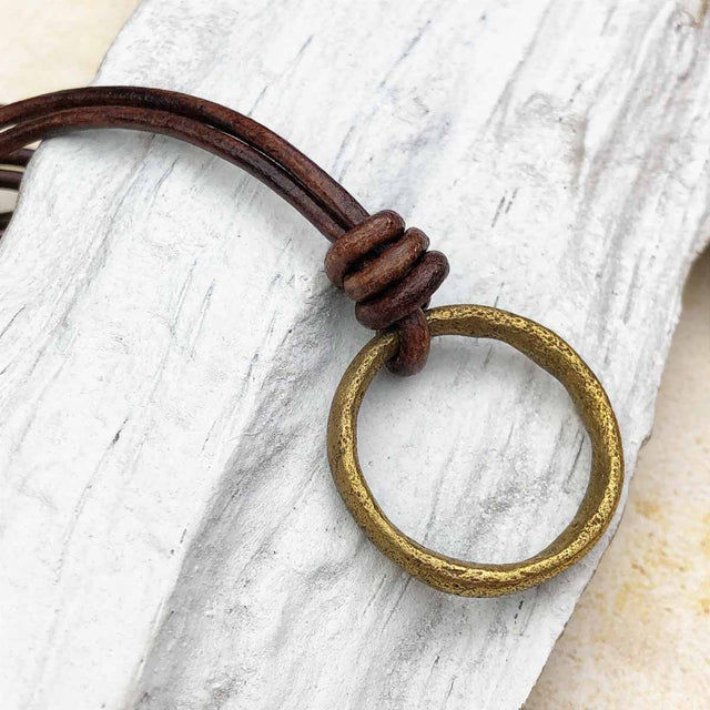 Warm Golden Bronze Celtic Ring Money Leather Necklace