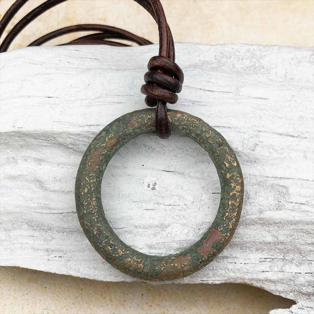 Huge Glistening Green Bronze Oval Celtic Ring Money Leather Necklace