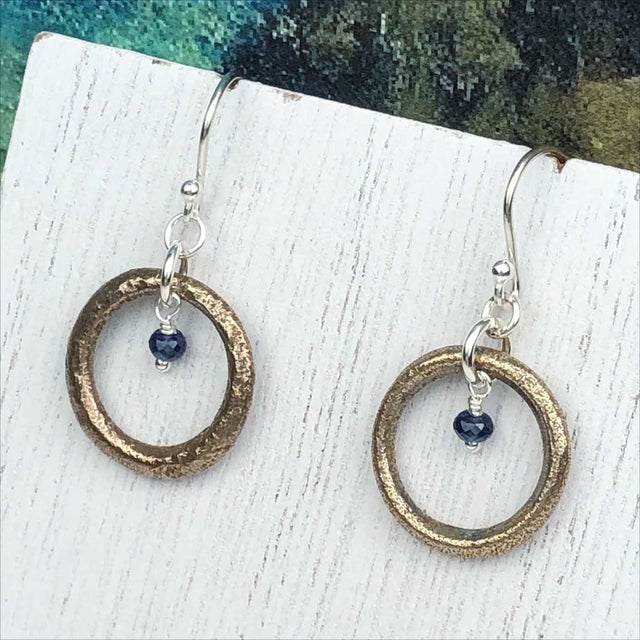 Red Golden Bronze Celtic Ring Money Earrings with Genuine Sapphire