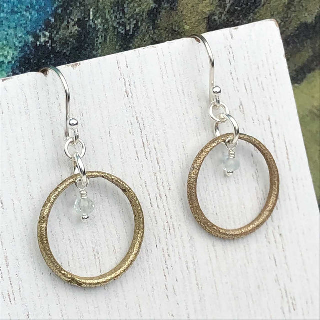Lightest Golden Bronze Celtic Ring Money Earrings with Genuine Aquamarine
