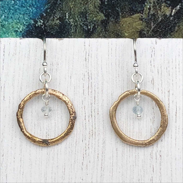 Golden Flecked Bronze Celtic Ring Money Earrings with Genuine Aquamarine