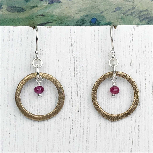 Vibrant Golden Bronze Celtic Ring Money Earrings with Genuine Ruby
