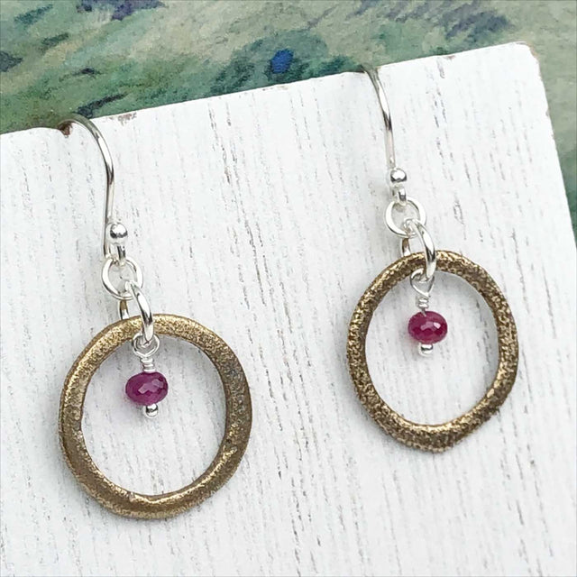 Vibrant Golden Bronze Celtic Ring Money Earrings with Genuine Ruby