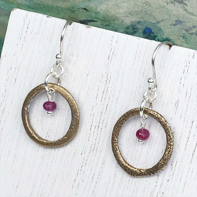 Vibrant Golden Bronze Celtic Ring Money Earrings with Genuine Ruby