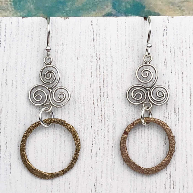 True Red Golden Bronze Celtic Ring Money Earrings with Celtic Spiral Accent