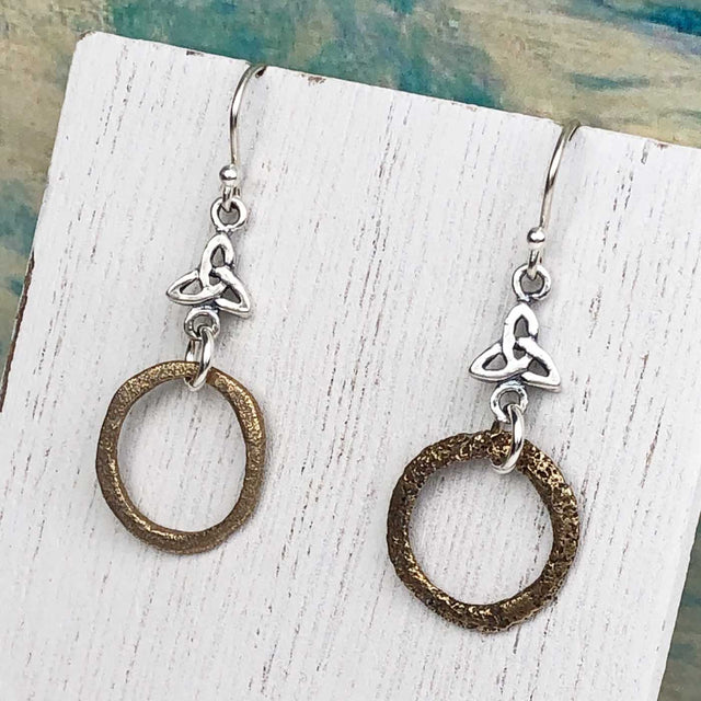 Warm Deep Bronze Celtic Ring Money Earrings with Celtic Trinity Knot Accent