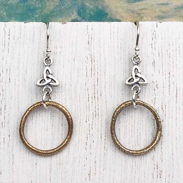 Bright Red Golden Bronze Celtic Ring Money Earrings with Celtic Trinity Knot Accent
