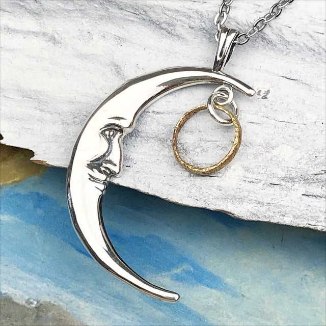 Glowing Golden Bronze Tiny Celtic Ring Money Man in the Moon Necklace