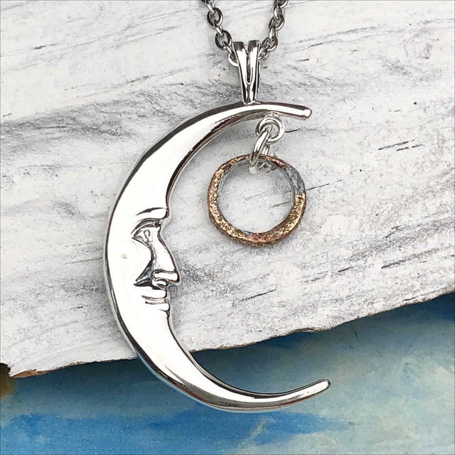 Burnished Golden Bronze Tiny Celtic Ring Money Man in the Moon Necklace