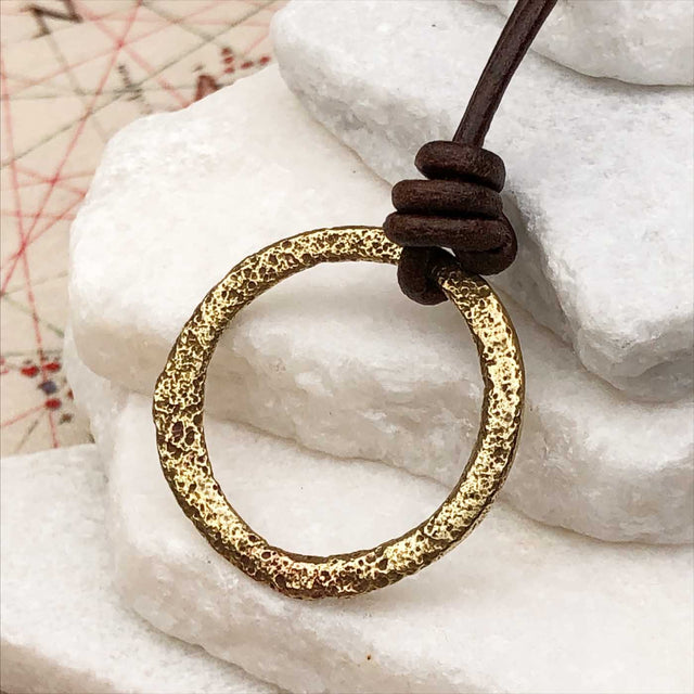 Bright Light Golden Bronze Celtic Ring Money Leather Necklace