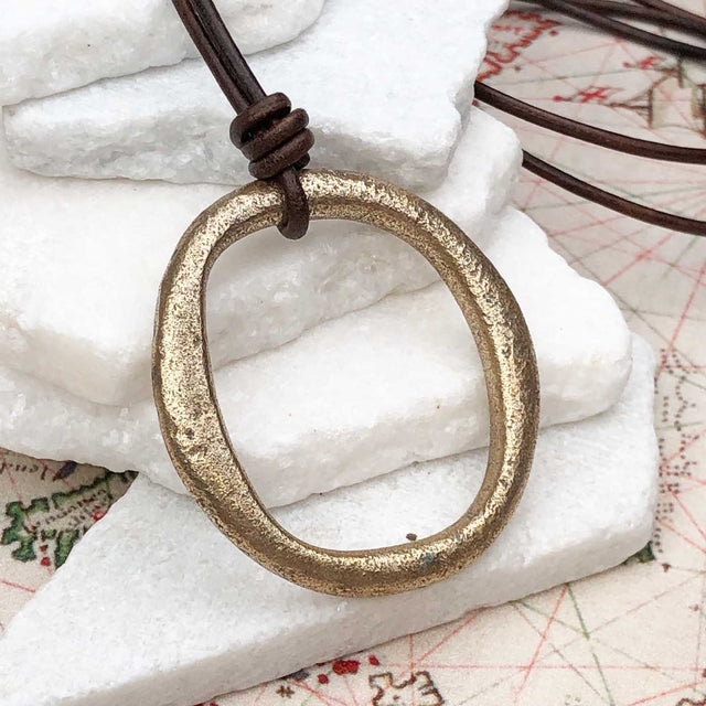 Huge Rich Golden Bronze Oval Celtic Ring Money Leather Necklace