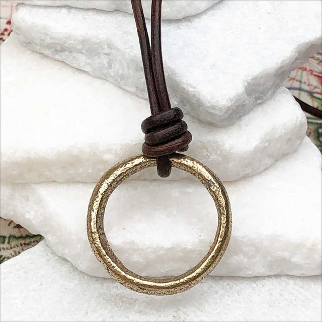 Soft Golden Bronze Celtic Ring Money Leather Necklace