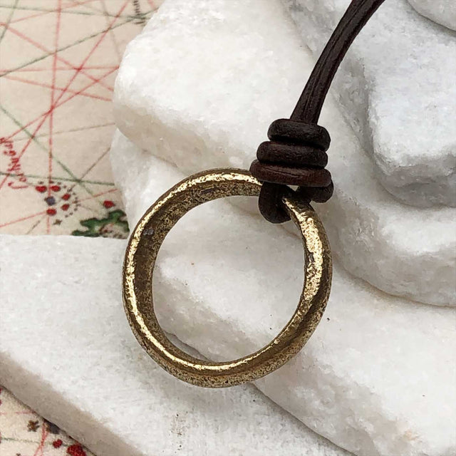 Soft Golden Bronze Celtic Ring Money Leather Necklace