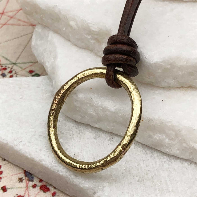 Brightest Golden Bronze Celtic Ring Money Leather Necklace
