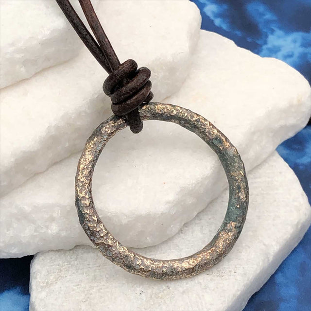Brightest Golden Bronze Celtic Ring Money Leather Necklace