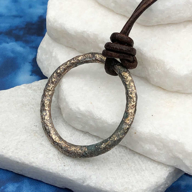 Brightest Golden Bronze Celtic Ring Money Leather Necklace