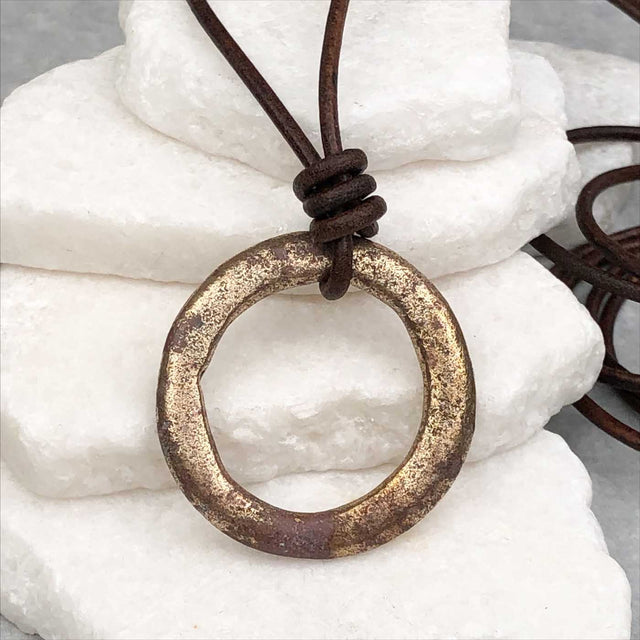 Thick Rich Red Golden Bronze Celtic Ring Money Leather Necklace