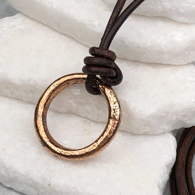 Bright Red Golden Bronze Celtic Ring Money Leather Necklace