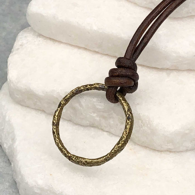 Deepest Burnished Golden Bronze Celtic Ring Money Leather Necklace