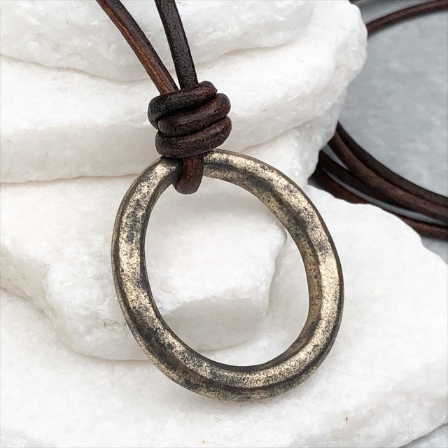 Deep Burnished Variegated Golden Bronze Oval Celtic Ring Money Leather Necklace