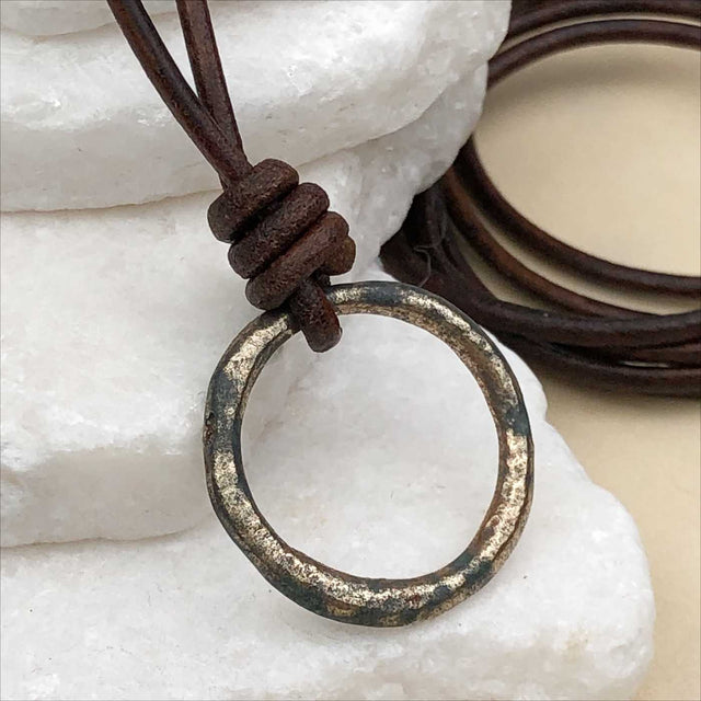 Burnished Deep Golden Bronze Celtic Ring Money Leather Necklace