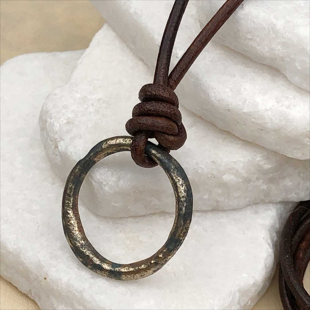 Burnished Deep Golden Bronze Celtic Ring Money Leather Necklace