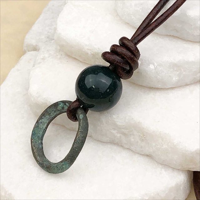 Deepest Green Bronze Celtic Ring Money with Bloodstone Leather Necklace