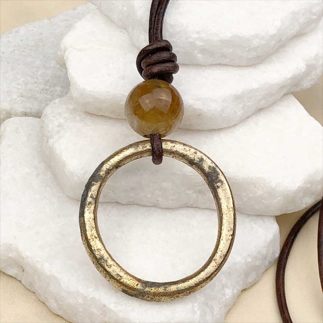 Large Bright Golden Bronze Celtic Ring Money and Citrine Leather Necklace