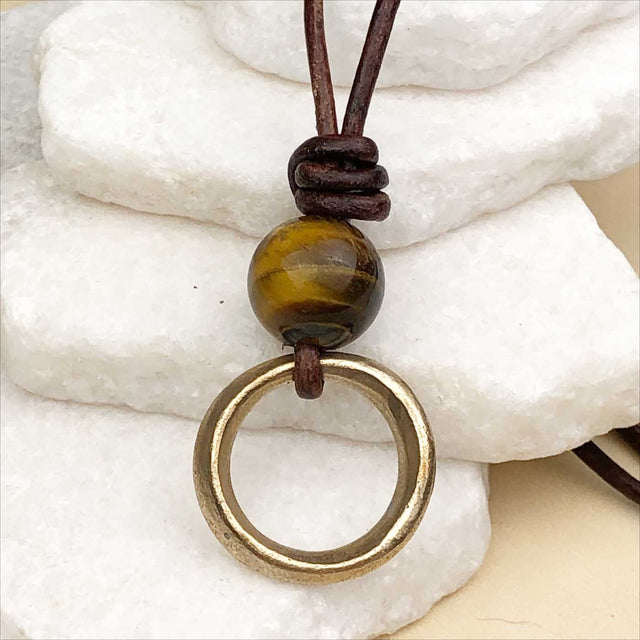 Rare Raised Ridge Golden Bronze Celtic Ring Money with Tigers Eye Leather Necklace
