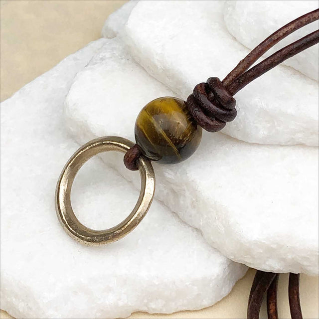 Rare Raised Ridge Golden Bronze Celtic Ring Money with Tigers Eye Leather Necklace