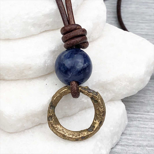 Raised Ridge Deeper Bronze Celtic Ring Money with Sodalite Leather Necklace