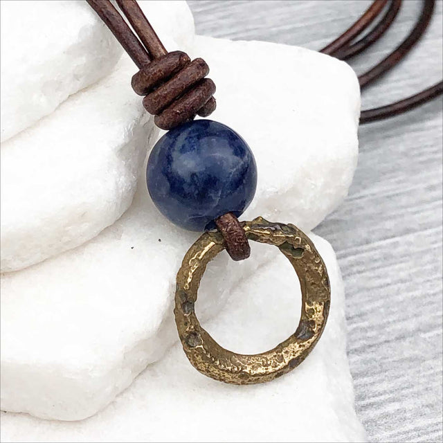 Raised Ridge Deeper Bronze Celtic Ring Money with Sodalite Leather Necklace