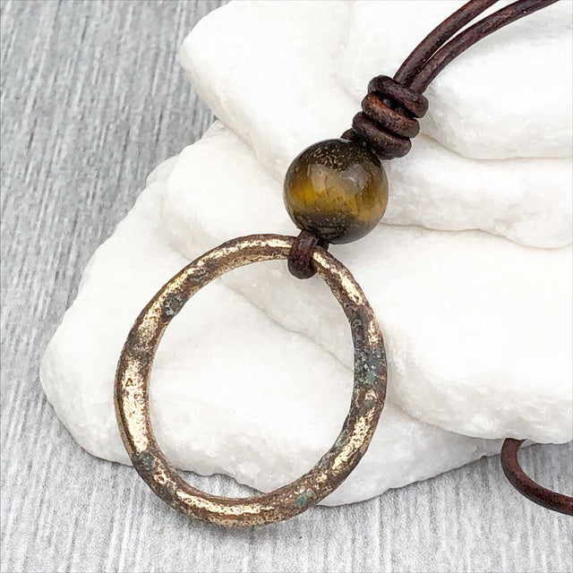 Large Variegated Golden Bronze Oval Celtic Ring Money and Tigers Eye Leather Necklace