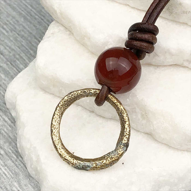 Raised Ridge Soft Bronze Celtic Ring Money with Carnelian Leather Necklace