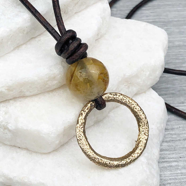 Bright Soft Bronze Celtic Ring Money with Citrine Leather Necklace