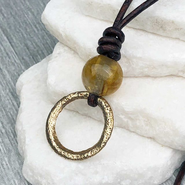 Bright Soft Bronze Celtic Ring Money with Citrine Leather Necklace