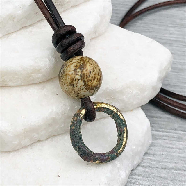 Green to Golden Bronze Celtic Ring Money with Picture Jasper Leather Necklace