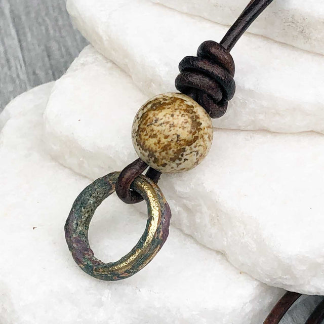 Green to Golden Bronze Celtic Ring Money with Picture Jasper Leather Necklace