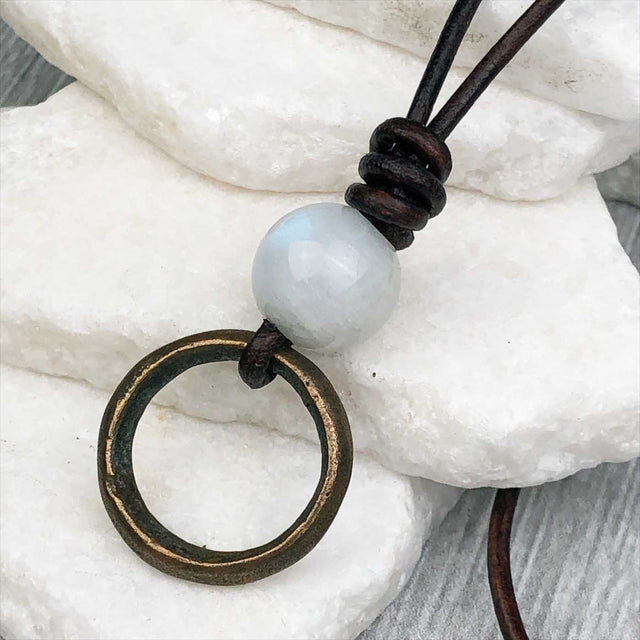 Raised Ridge Darkest Bronze Celtic Ring Money with Moonstone Leather Necklace