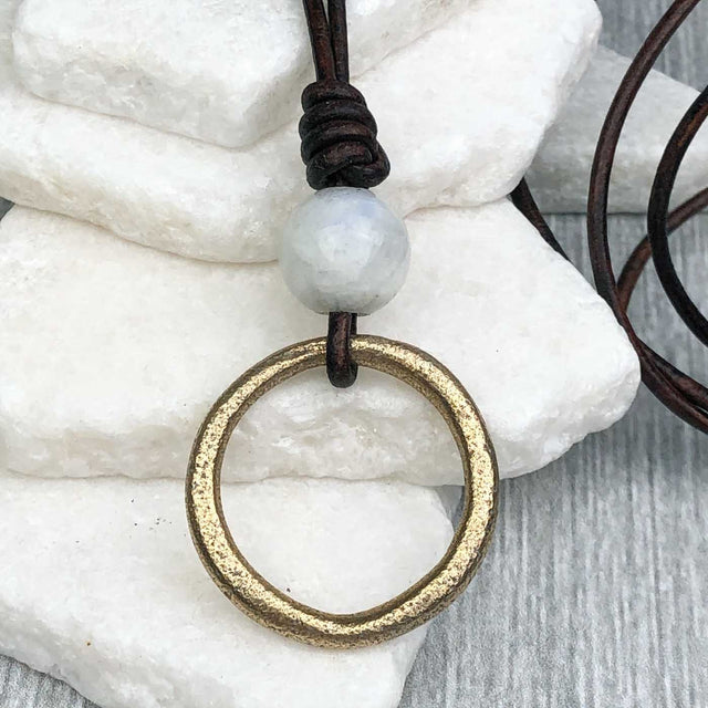 Pinkish Golden Bronze Celtic Ring Money with Moonstone Leather Necklace