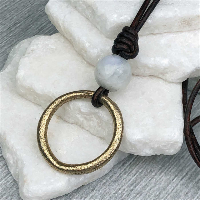 Pinkish Golden Bronze Celtic Ring Money with Moonstone Leather Necklace