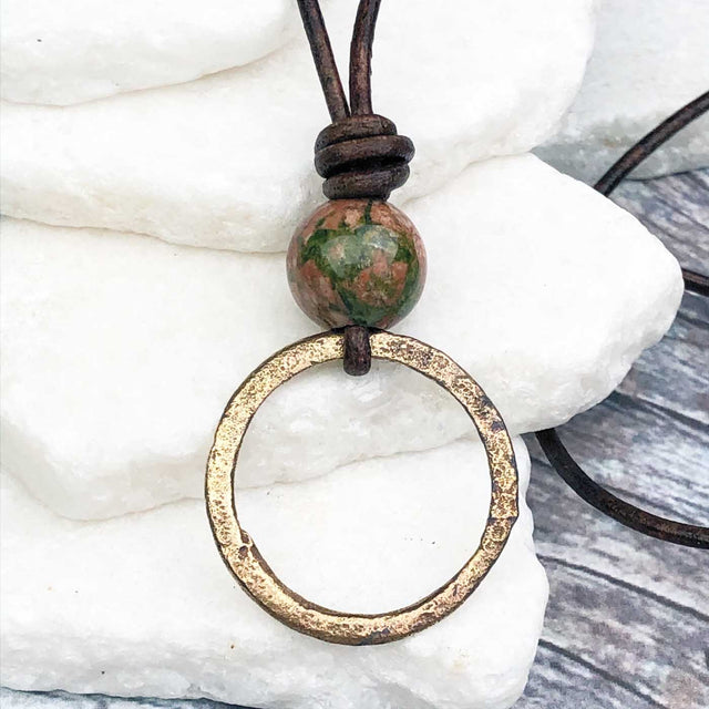 Light and Airy Golden Bronze Celtic Ring Money and Unakite Leather Necklace