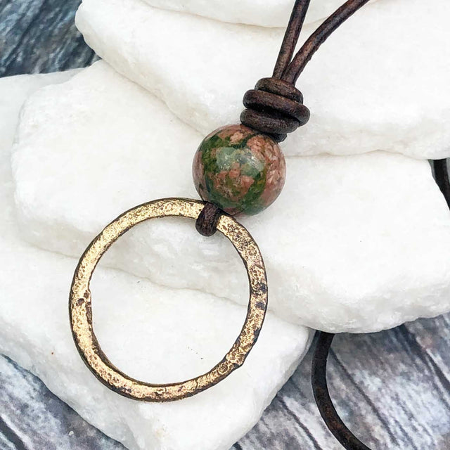Light and Airy Golden Bronze Celtic Ring Money and Unakite Leather Necklace