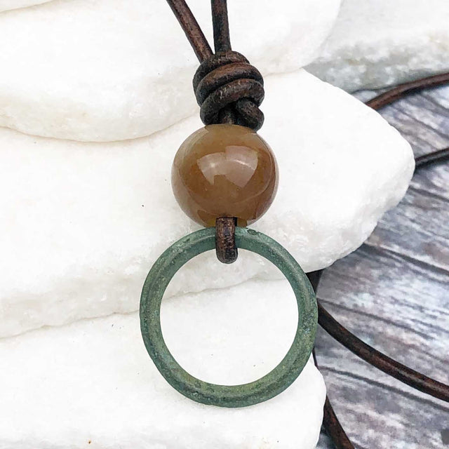 Spring Green Bronze Celtic Ring Money with Fancy Jasper Leather Necklace