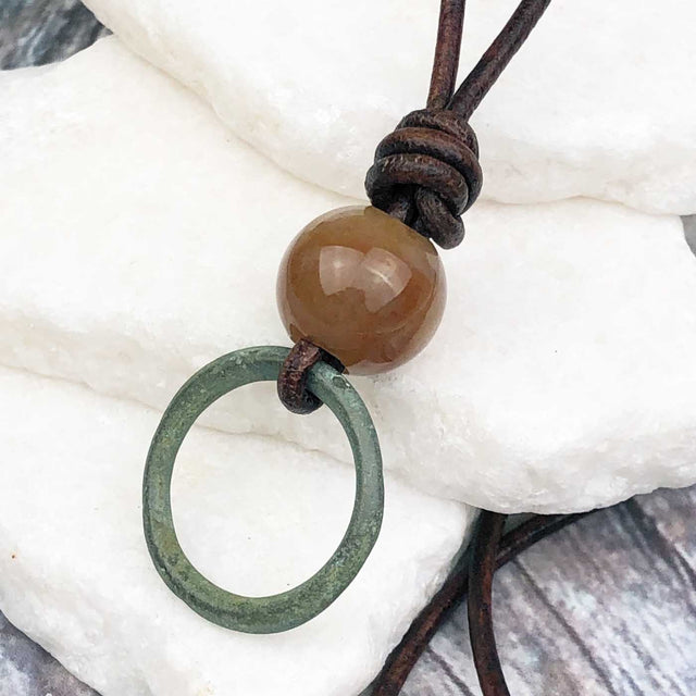 Spring Green Bronze Celtic Ring Money with Fancy Jasper Leather Necklace