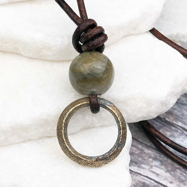 Rare Raised Ridge Golden Bronze Celtic Ring Money with Fancy Jasper Leather Necklace